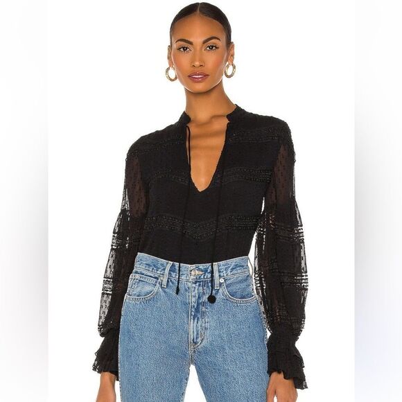 Rococo Sand x REVOLVE Selene Blouse in Black peasant sleeve beaded sheer top new - Picture 1 of 13